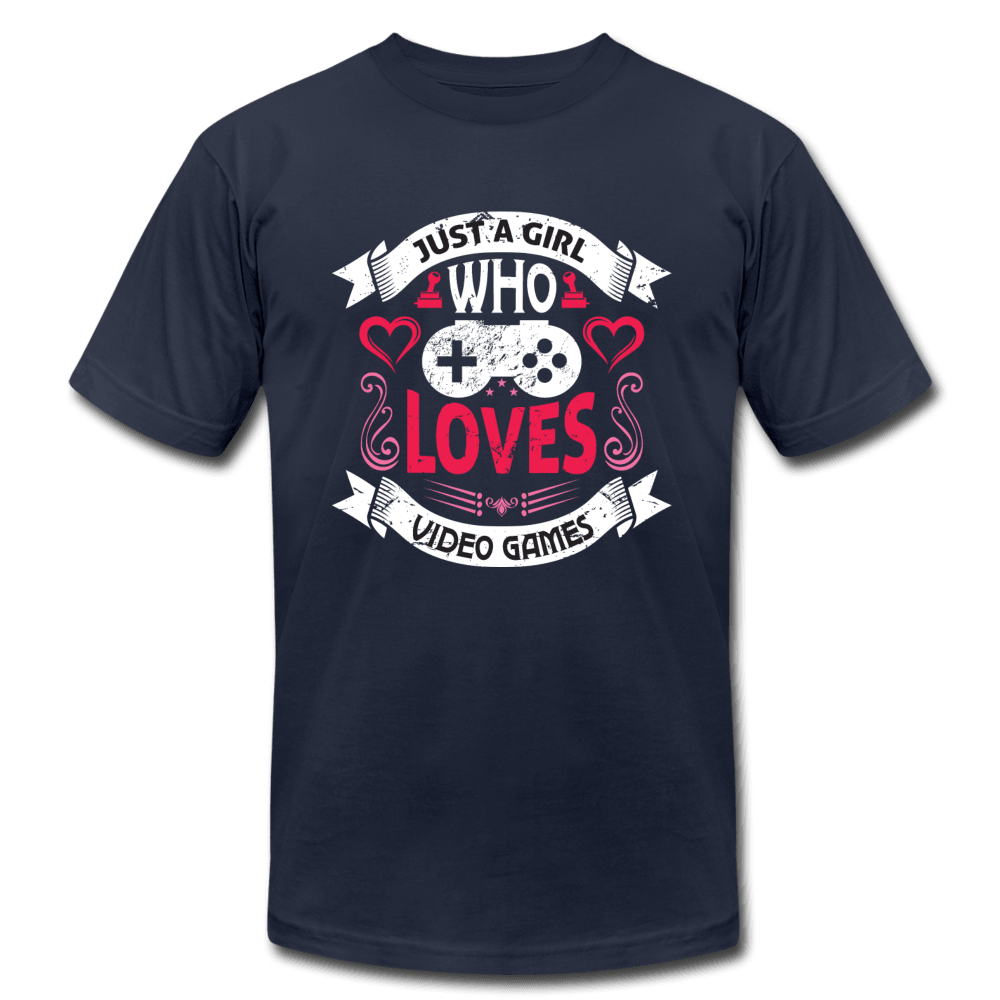 Just A Girl Who Loves Video Games Hearts Unisex Jersey T-Shirt - navy