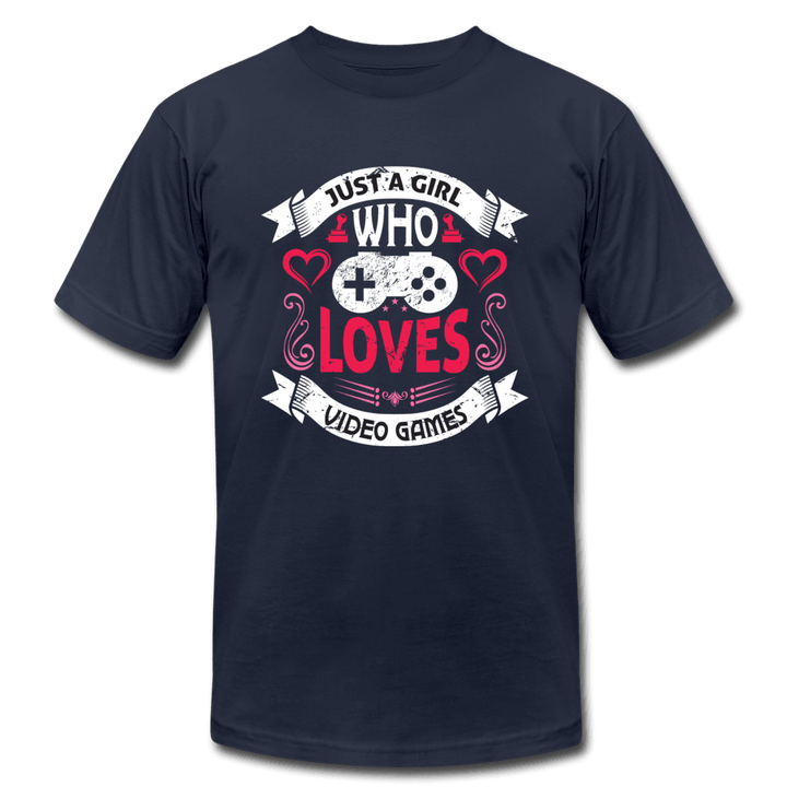 Just A Girl Who Loves Video Games Hearts Unisex Jersey T-Shirt - navy