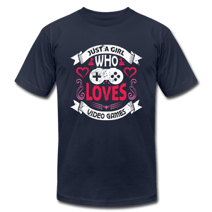 Just A Girl Who Loves Video Games Hearts Unisex Jersey T-Shirt - navy