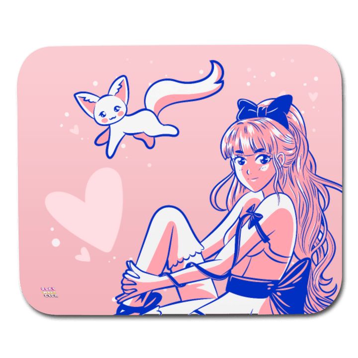 Cute Pink Anime Girl with Cat Mouse Pad - white