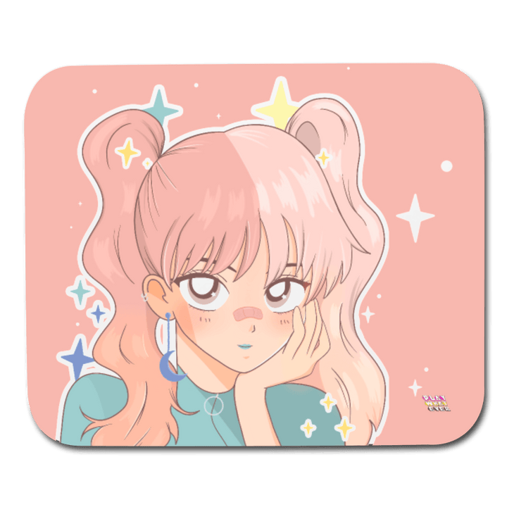 Pastel Pink Anime Girl Sparkles Mouse Pad - white