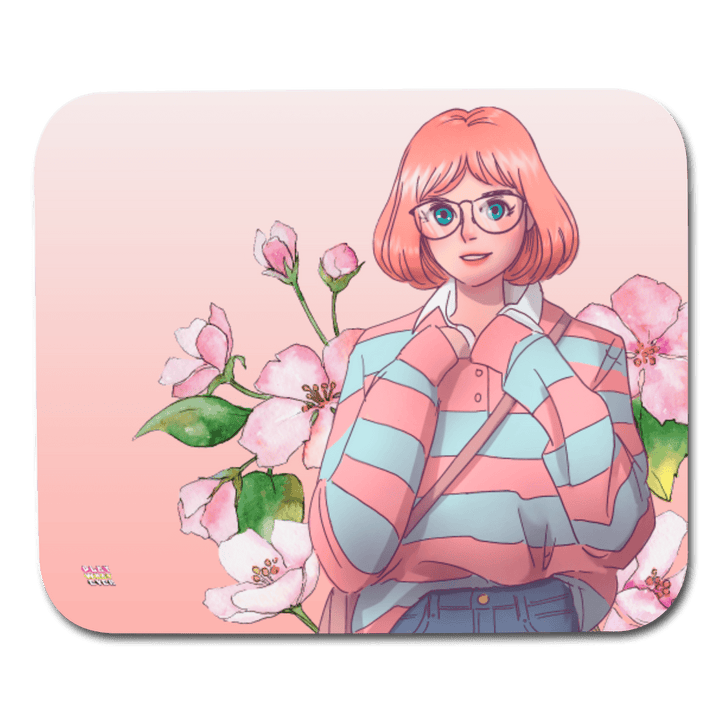 Pink Glasses Anime Girl Pastel Floral Mouse Pad - white