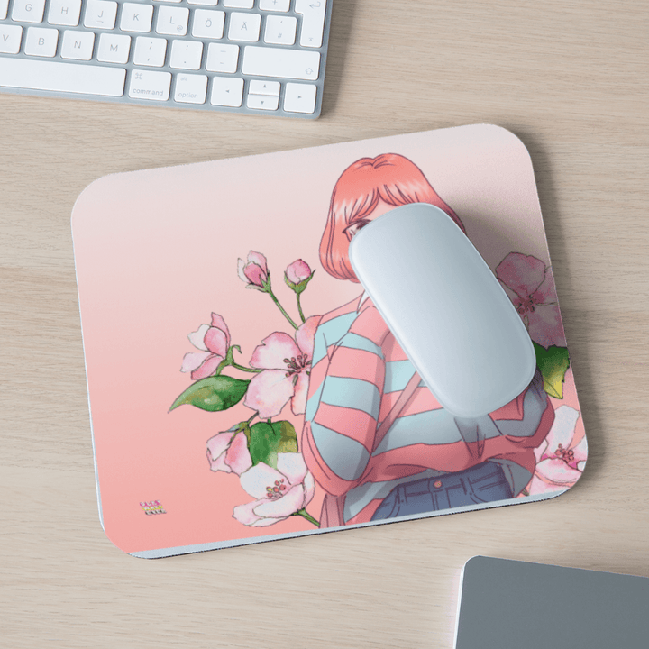 Pink Glasses Anime Girl Pastel Floral Mouse Pad - white
