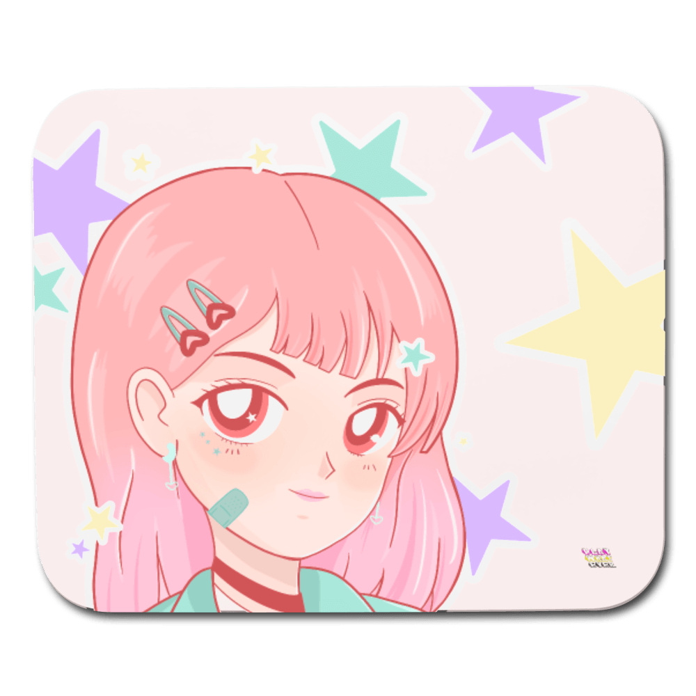 Kawaii Anime Girl and Pastel Stars Mouse Pad - white