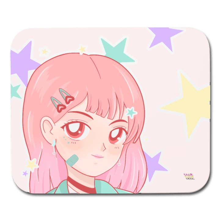 Kawaii Anime Girl and Pastel Stars Mouse Pad - white