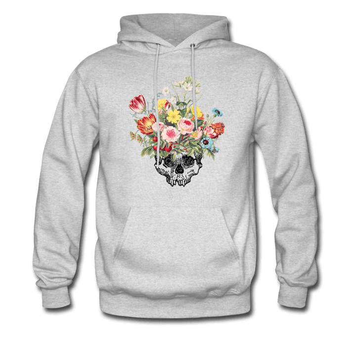 Beautiful Death Flowers & Skull Hoodie - ash 