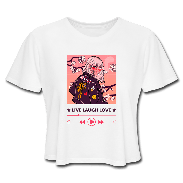 Live, Laugh, Love Music Player Anime Girl Cropped Top - white