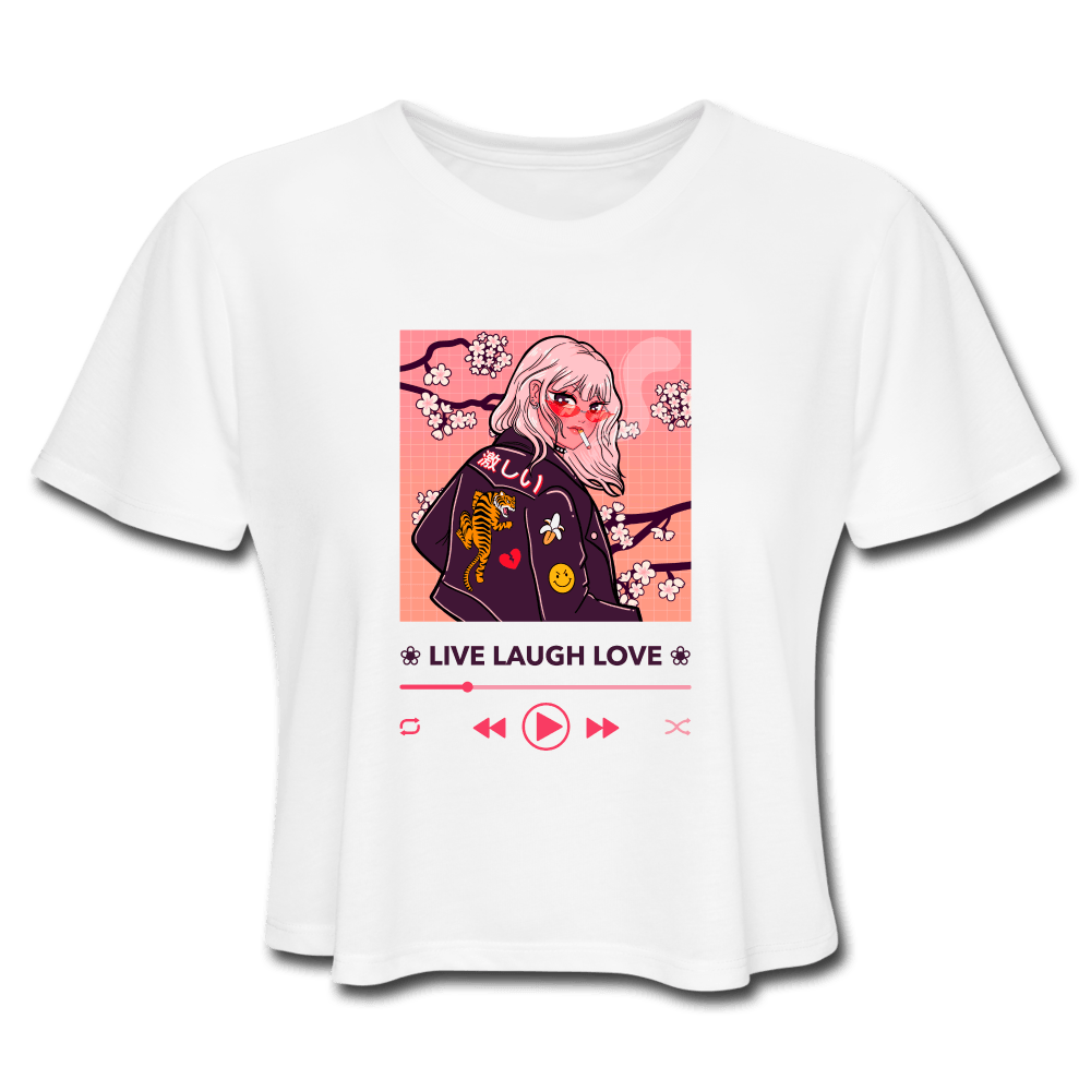 Live, Laugh, Love Music Player Anime Girl Cropped Top - white