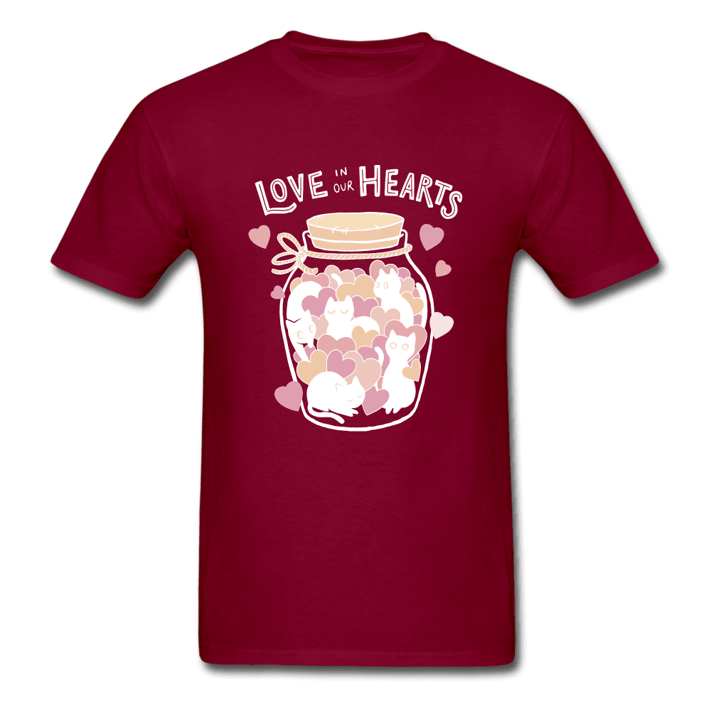 Love in Our Hearts Cute Cat Jar T-Shirt - burgundy