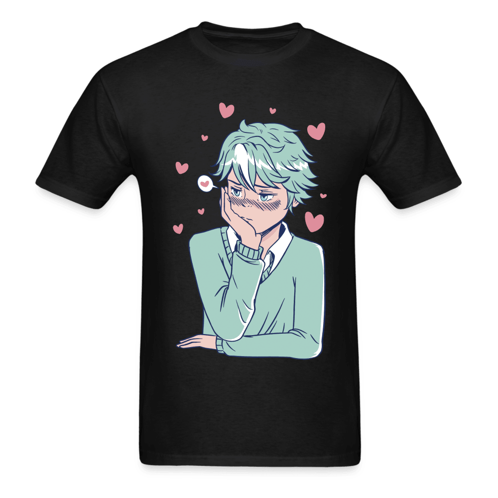 Shy Blushing Anime Boy T-Shirt - black