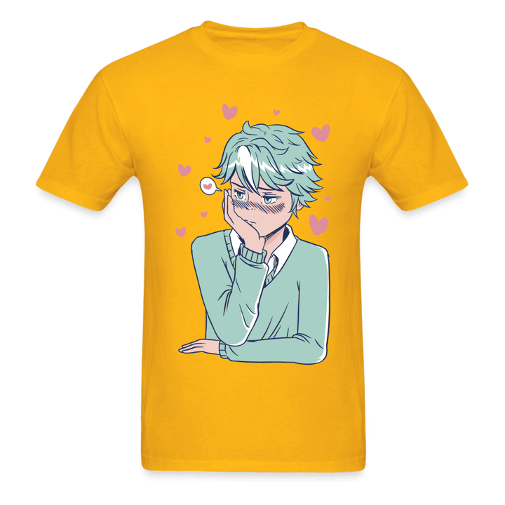 Shy Blushing Anime Boy T-Shirt - gold