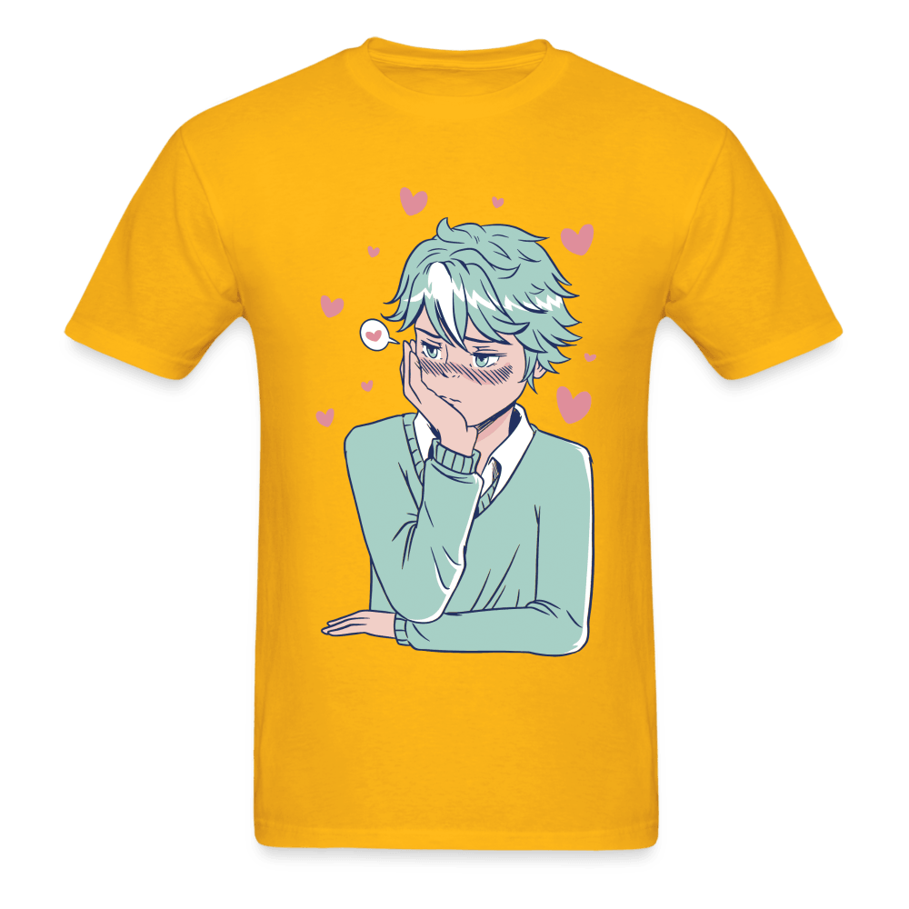 Shy Blushing Anime Boy T-Shirt - gold