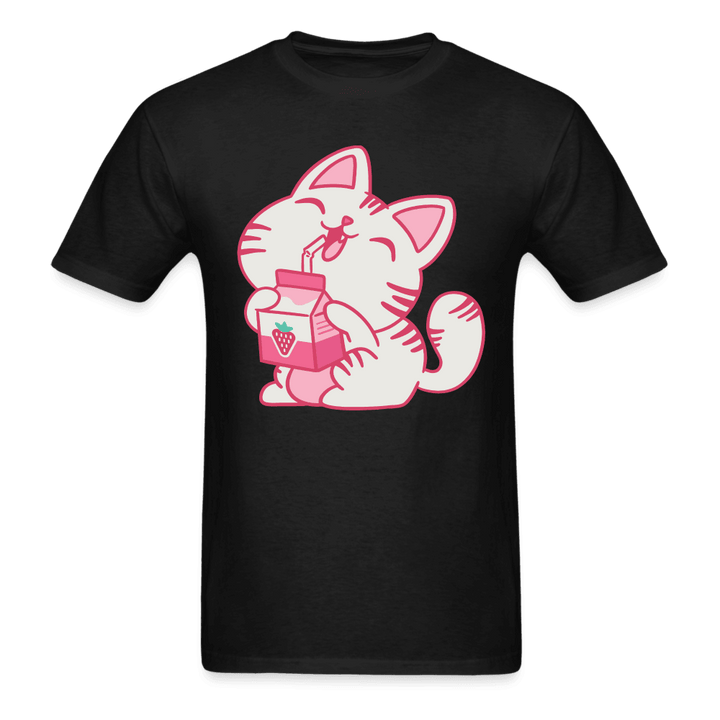 Strawberry Milk Kawaii Neko Cat T-Shirt - black