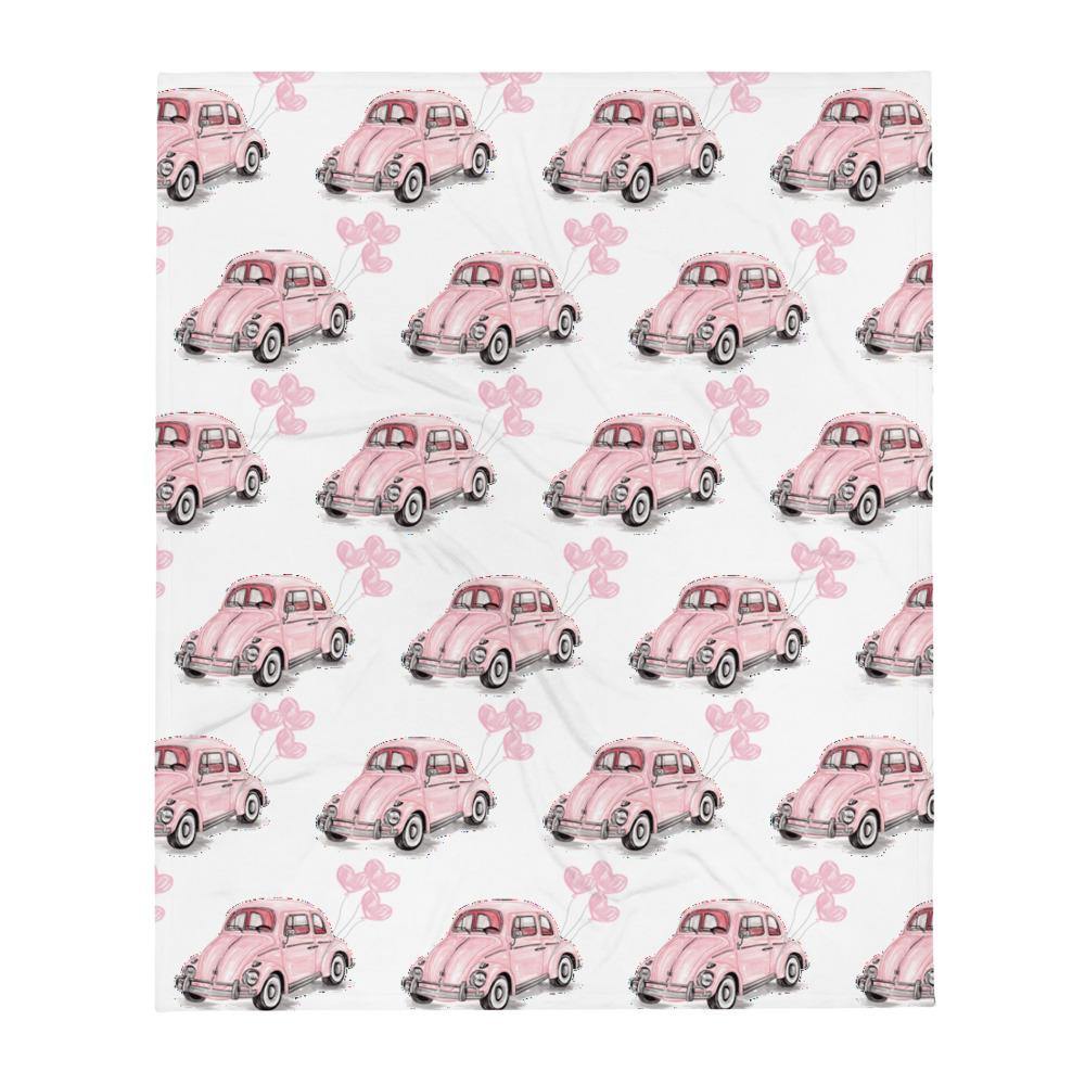 Vintage Car Pink VW Beetle Heart Balloon Throw Blanket - PlayWhatever