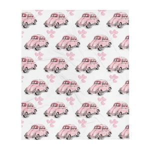 Vintage Car Pink VW Beetle Heart Balloon Throw Blanket - PlayWhatever